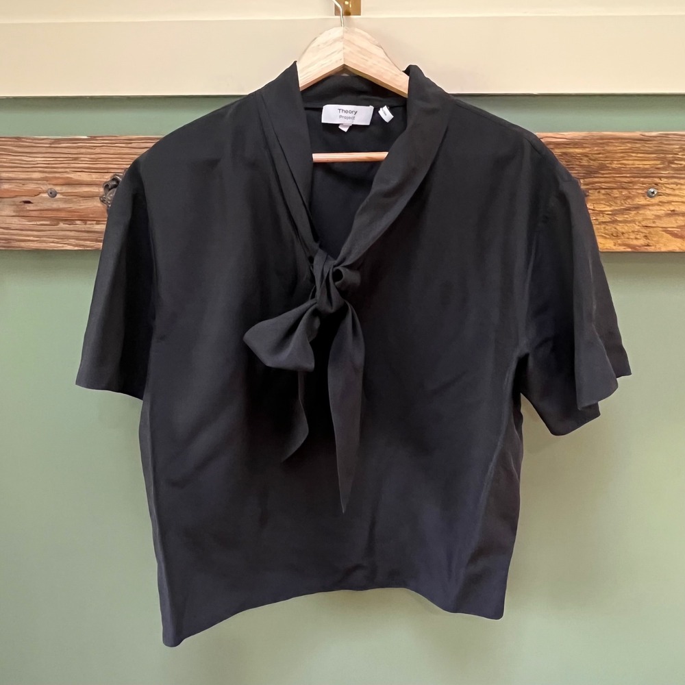 Theory Project Black Tie Neck Short Sleeve Blouse Top Size M Bow Neck Minimalist